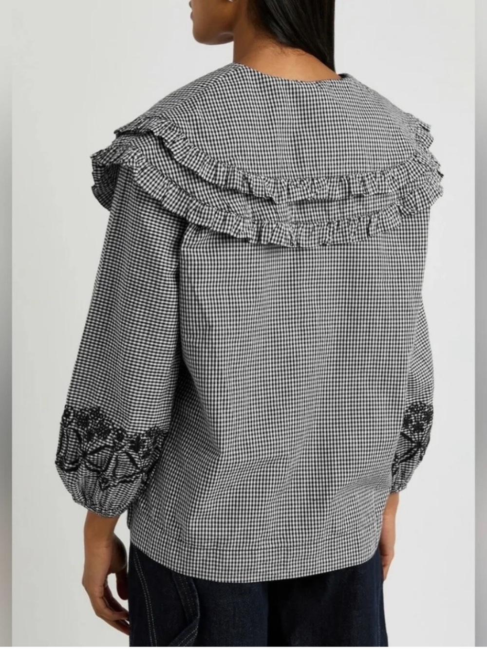 DAMSON MADDER Gingham Ruffle Collar Button-Down Blouse in Black and White - Picture 2 of 5